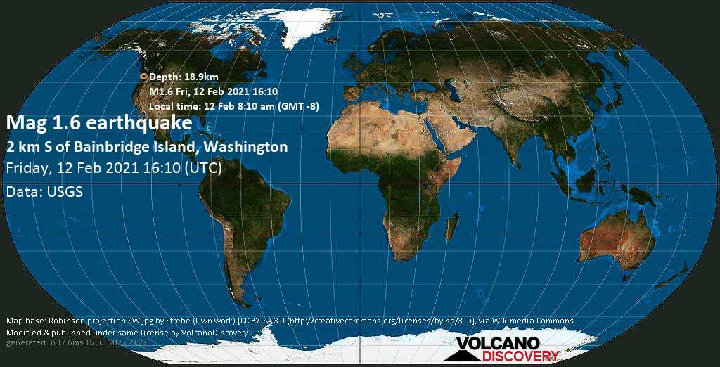 Minor mag. 1.6 earthquake - 2 Km S of Bainbridge Island, Washington, USA, on Friday, 12 Feb 2021 8:10 am (GMT -8)