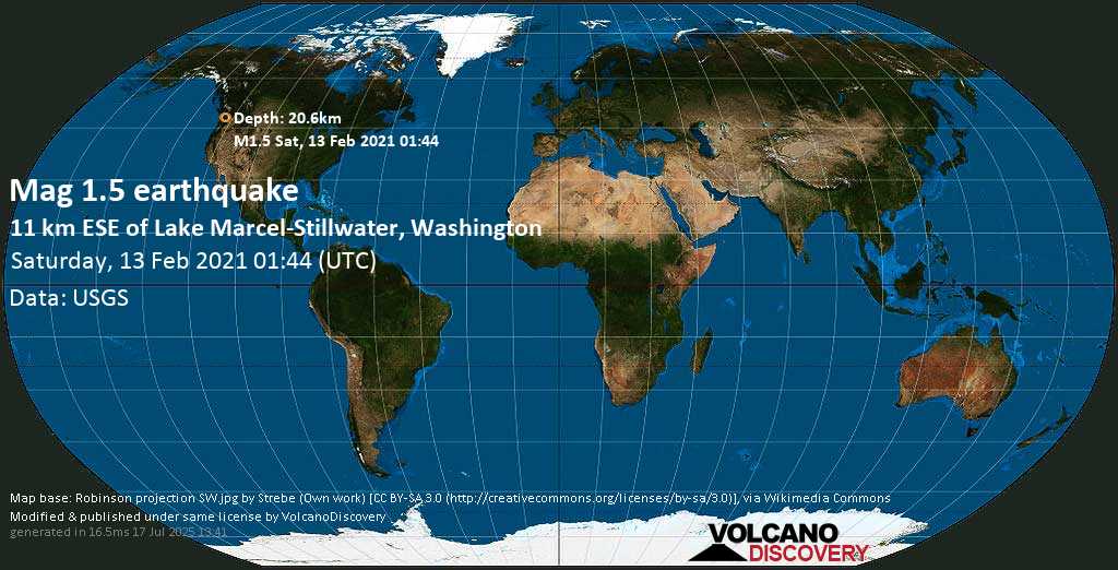 Sismo minore mag. 1.6 - 11 Km ESE of Lake Marcel-Stillwater, Washington, USA, sabato, 13 febbraio 2021