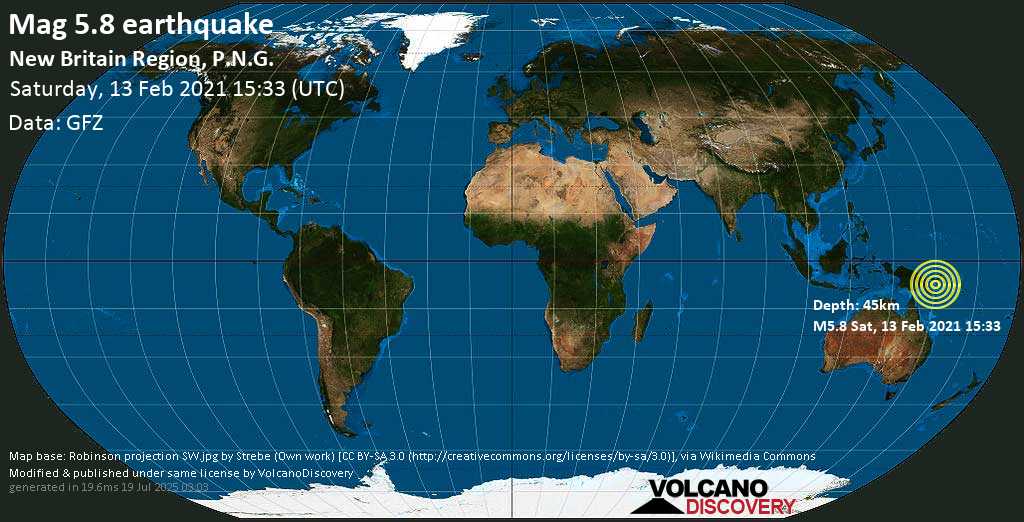 Terremoto forte mag. 5.8 - Solomon Sea, 272 km a est da Lae, Morobe Province, Papua Nuova Guinea, sábbato, 13 febbraio 2021