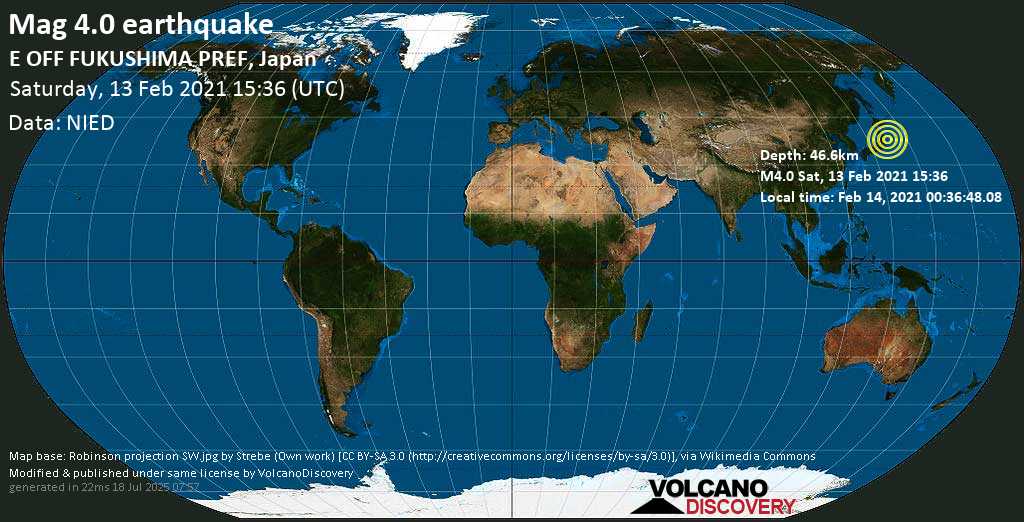 Light mag. 4.0 earthquake - North Pacific Ocean, 44 km east of Namie, Futaba-gun, Fukushima, Japan, on Sunday, 14 Feb 2021 12:36 am (GMT +9)
