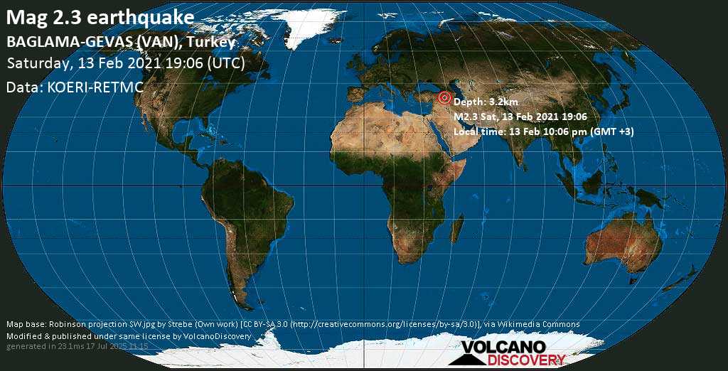 Weak mag. 2.3 earthquake - 46 km southwest of Van, Turkey, on Saturday, 13 Feb 2021 10:06 pm (GMT +3)