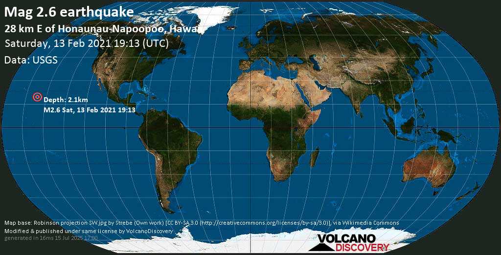 Terremoto leve mag. 3.0 - 37 miles WSW of Hilo, Hawaii County, USA, Saturday, 13 Feb. 2021