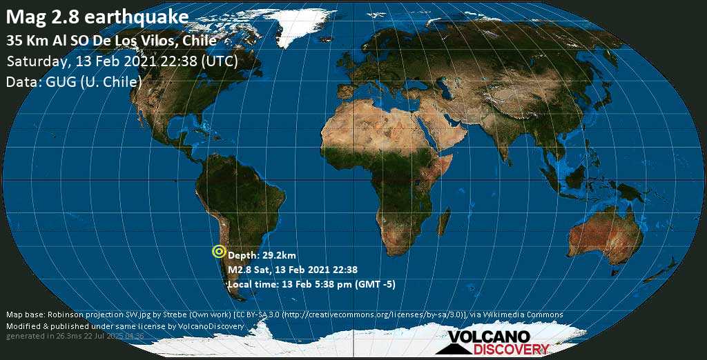 Sismo debile mag. 2.8 - South Pacific Ocean, 62 km a nord ovest da La Ligua, Petorca Province, Valparaiso, Cile, sábbato, 13 febbraio 2021