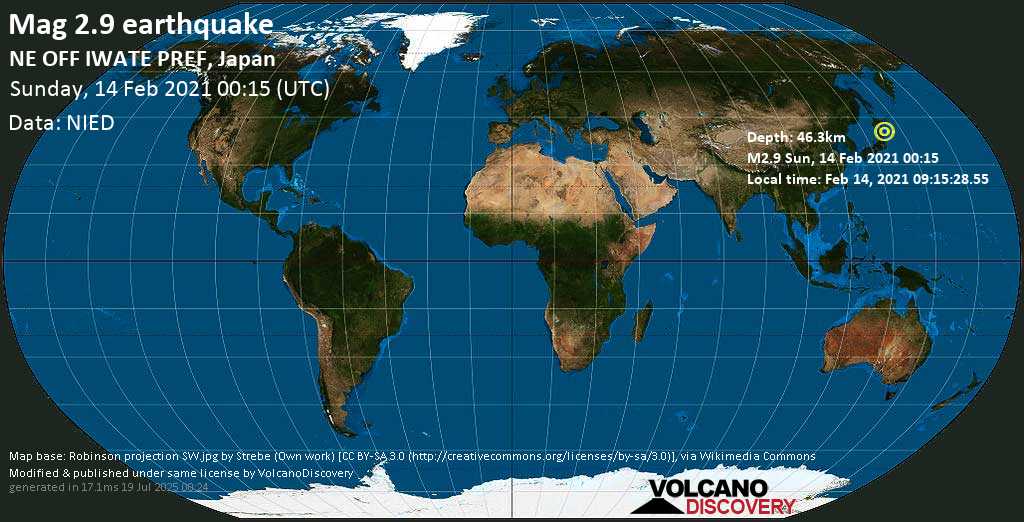 Sismo minore mag. 2.9 - North Pacific Ocean, 69 km a sud-est da Hachinohe, Giappone, domenica, 14 febbraio 2021
