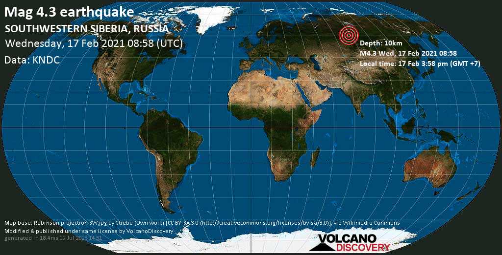 Moderate mag. 4.3 earthquake - SOUTHWESTERN SIBERIA, RUSSIA, on Wednesday, 17 Feb 2021 3:58 pm (GMT +7)