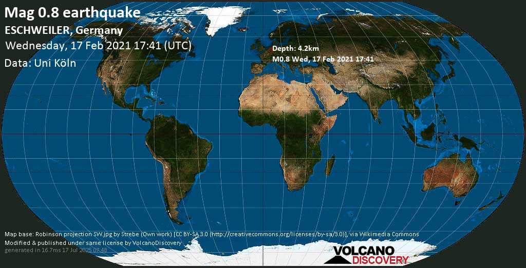 Minor mag. 0.8 earthquake - ESCHWEILER, Germany, on Wednesday, 17 Feb 2021 5:41 pm (GMT +0)