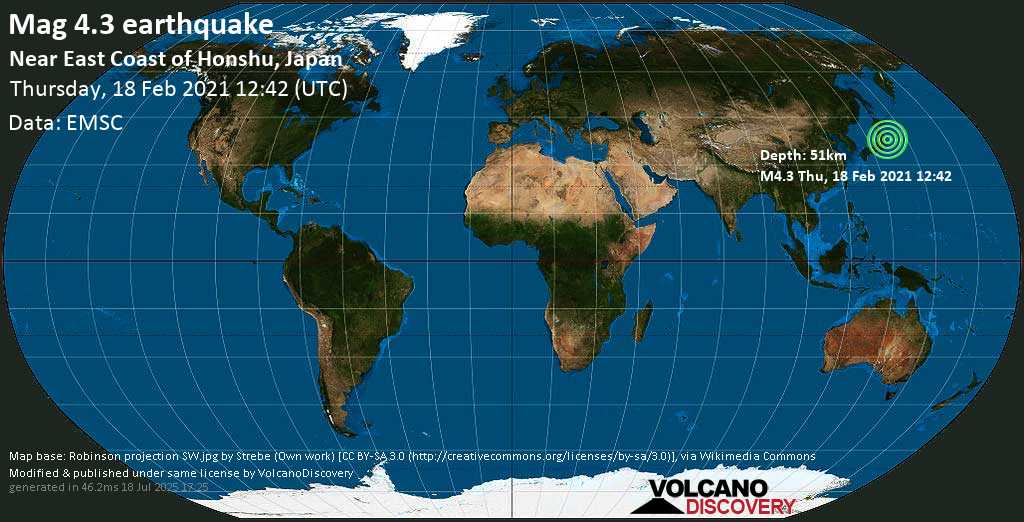 Light mag. 4.3 earthquake - North Pacific Ocean, 59 km east of Namie, Futaba-gun, Fukushima, Japan, on Thursday, 18 Feb 2021 9:42 pm (GMT +9)