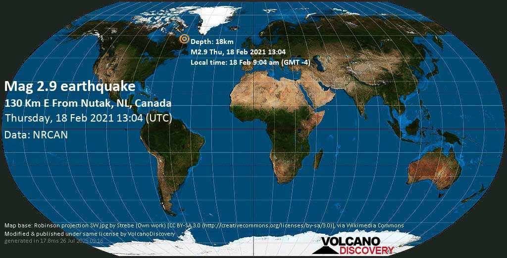 Weak mag. 2.9 earthquake - Labrador Sea, Canada, on Thursday, 18 Feb 2021 9:04 am (GMT -4)