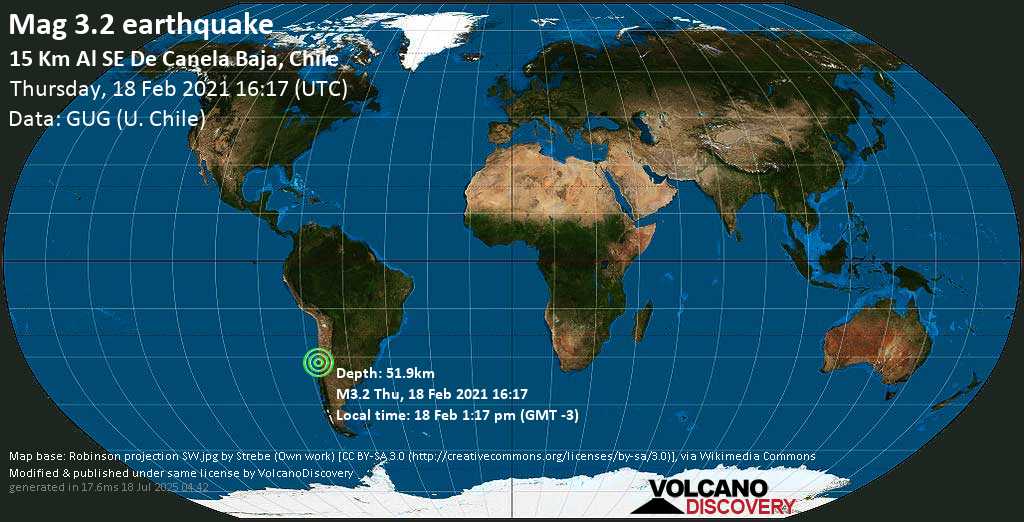Weak mag. 3.2 earthquake - 23 km northwest of Illapel, Provincia de Choapa, Coquimbo Region, Chile, on Thursday, 18 Feb 2021 1:17 pm (GMT -3)