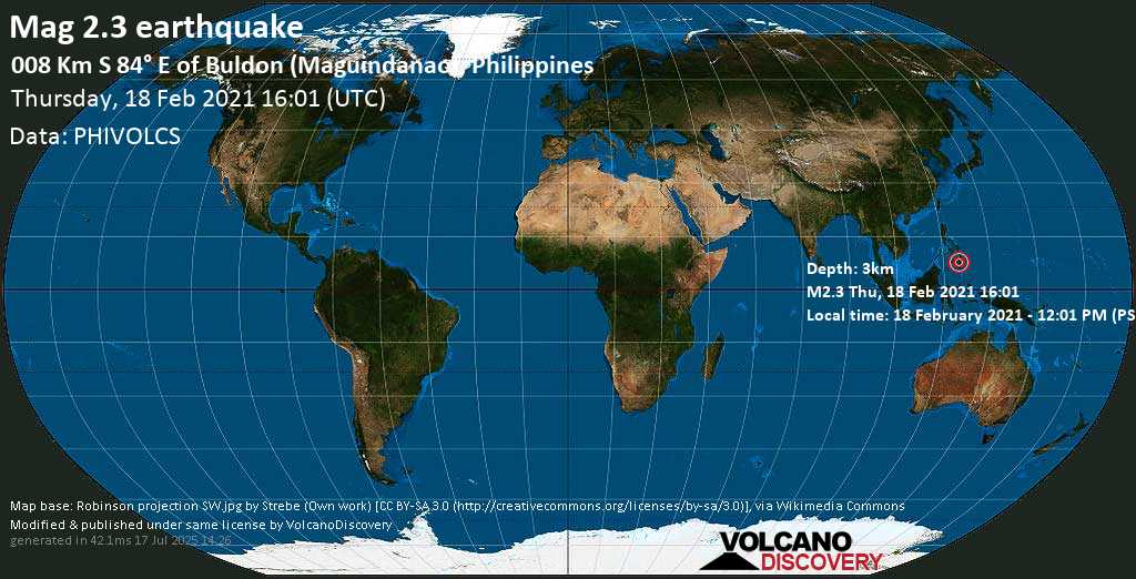 Weak mag. 2.3 earthquake - 24 km northeast of Parang, Philippines, on Friday, 19 Feb 2021 12:01 am (GMT +8)