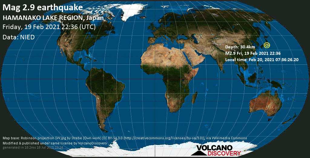Weak mag. 2.9 earthquake - 13 km northwest of Hamamatsu, Shizuoka, Japan, on Saturday, 20 Feb 2021 7:36 am (GMT +9)