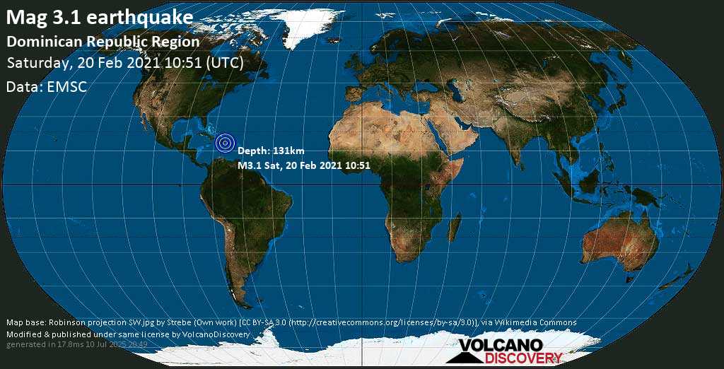 Minor mag. 3.1 earthquake - Caribbean Sea, 20 km south of La Romana, Dominican Republic, on Saturday, 20 Feb 2021 6:51 am (GMT -4)