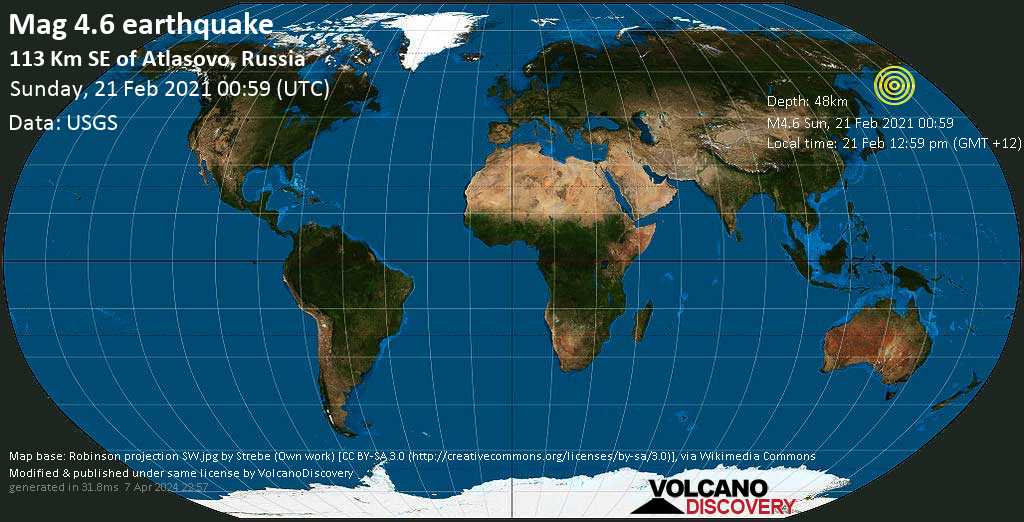 Light mag. 4.6 earthquake - 254 km northeast of Kamchatkataagy Petropavlovskaj, Russia, on Sunday, Feb 21, 2021 at 12:59 pm (GMT +12)