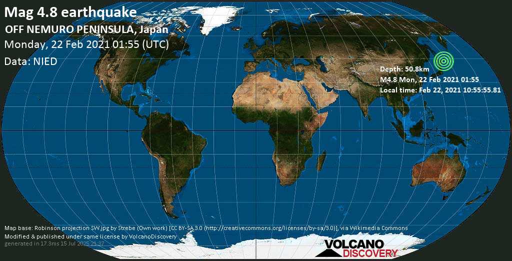 Terremoto moderado mag. 4.8 - North Pacific Ocean, 31 km SE of Nemuro, Hokkaido, Japan, Monday, 22 Feb. 2021