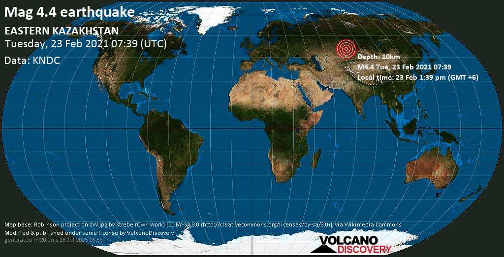 Moderate mag. 4.4 earthquake - 58 km southwest of Kurchatov, East Kazakhstan, on Tuesday, 23 Feb 2021 1:39 pm (GMT +6)