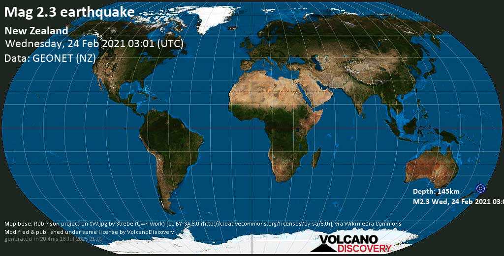 Sismo minore mag. 2.3 - South Waikato District, 91 km a sud-est da Hamilton, Waikato, Nuova Zelanda, mercoledì, 24 febbraio 2021