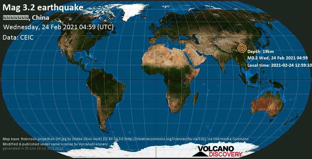 Weak mag. 3.2 earthquake - 58 km west of Jiangyou, Sichuan, China, on Wednesday, 24 Feb 2021 12:59 pm (GMT +8)