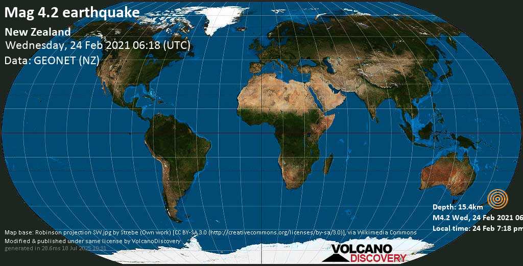 Moderate mag. 4.2 earthquake - Central Hawke\'s Bay District, 84 km east of Palmerston North, New Zealand, on Wednesday, 24 Feb 2021 7:18 pm (GMT +13)