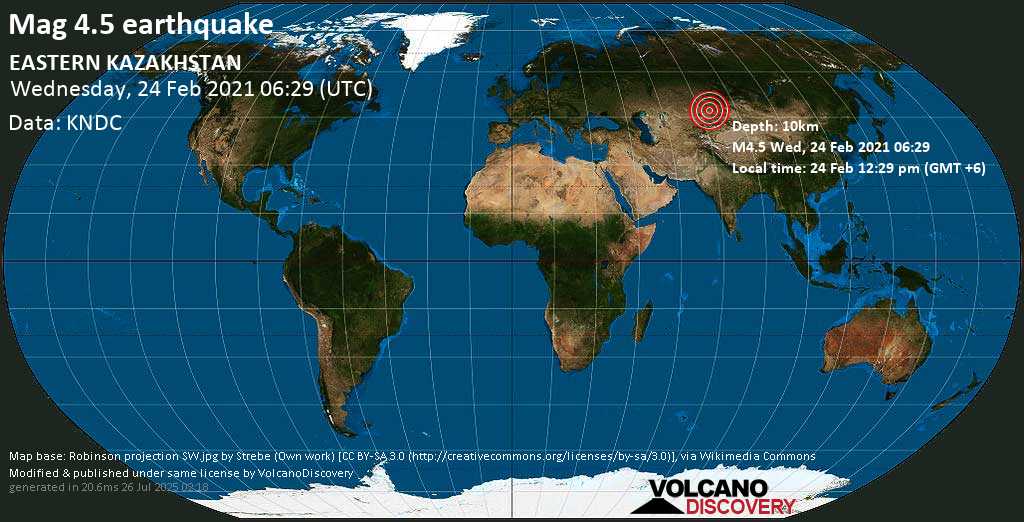 Moderate mag. 4.5 earthquake - 199 km north of Taldykorgan, Almaty Oblysy, Kazakhstan, on Wednesday, 24 Feb 2021 12:29 pm (GMT +6)
