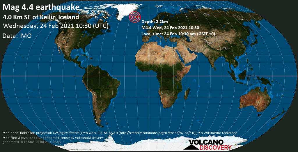 Terremoto moderado mag. 4.4 - 4.0 Km SE of Keilir, Iceland, Wednesday, 24 Feb. 2021
