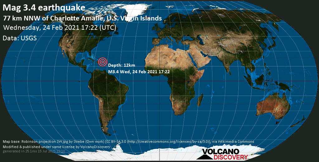 Light mag. 3.5 earthquake - North Atlantic Ocean, 78 km north of Charlotte Amalie, U.S. Virgin Islands, on Wednesday, 24 Feb 2021 1:22 pm (GMT -4)