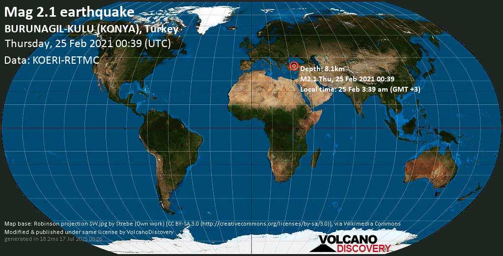 Weak mag. 2.1 earthquake - Konya, 9.8 km southwest of Altpınar, Haymana, Ankara, Turkey, on Thursday, 25 Feb 2021 3:39 am (GMT +3)