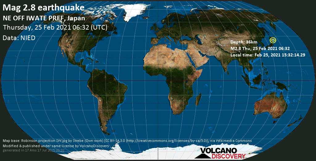Sismo debile mag. 2.8 - North Pacific Ocean, 69 km a est da Hachinohe, Prefettura di Aomori, Giappone, giovedí, 25 febbraio 2021