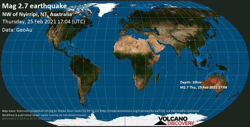 Sismo debile mag. 2.7 - Central Desert, 171 km a nord est da Kintore, MacDonnell, Territorio del Nord, Australia, giovedì, 25 febbraio 2021