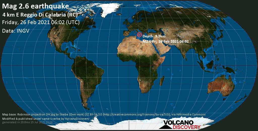 Weak mag. 2.7 earthquake - 4.3 km southeast of Reggio Calabria, Italy, on Friday, 26 Feb 2021 7:02 am (GMT +1)