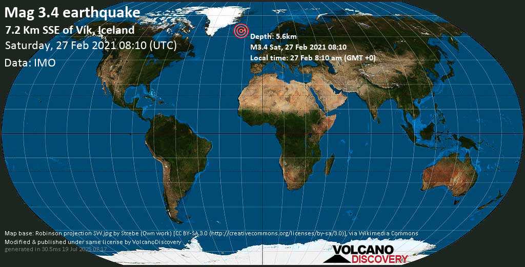 Light mag. 3.4 earthquake - 7.2 Km SSE of Vík, Iceland, on Saturday, 27 Feb 2021 8:10 am (GMT +0)
