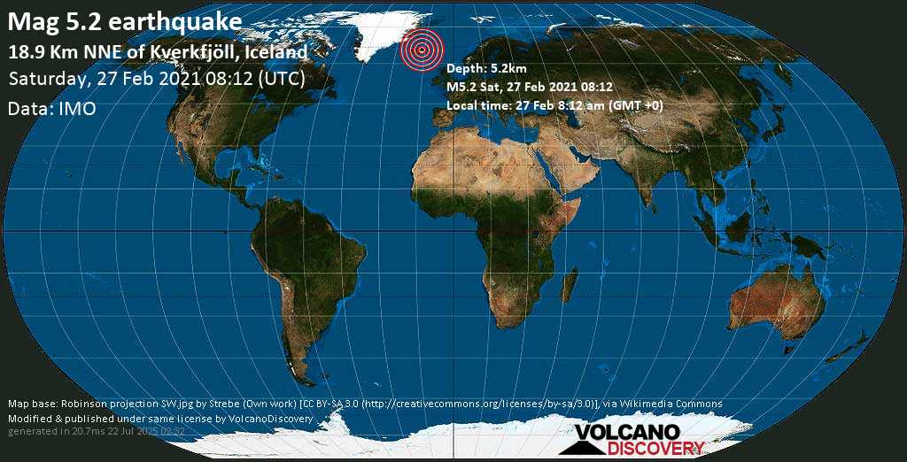 Strong mag. 5.2 earthquake - 18.9 Km NNE of Kverkfjöll, Iceland, on Saturday, 27 Feb 2021 8:12 am (GMT +0)