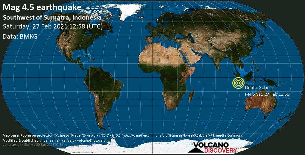 Mac moderat.  4.5 Gempa - Samudera Hindia, 230 km selatan Bengkulu, Indonesia, Sabtu, 27 Februari 2021 pukul 19:58 (GMT +7)