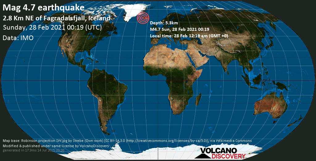 Terremoto moderado mag. 4.7 - 2.8 Km NE of Fagradalsfjall, Iceland, domingo, 28 feb. 2021