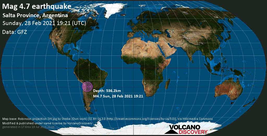 Light mag. 4.6 earthquake - 48 km north of Tartagal, Departamento de General José de San Martin, Salta, Argentina, on Sunday, 28 Feb 2021 4:21 pm (GMT -3)