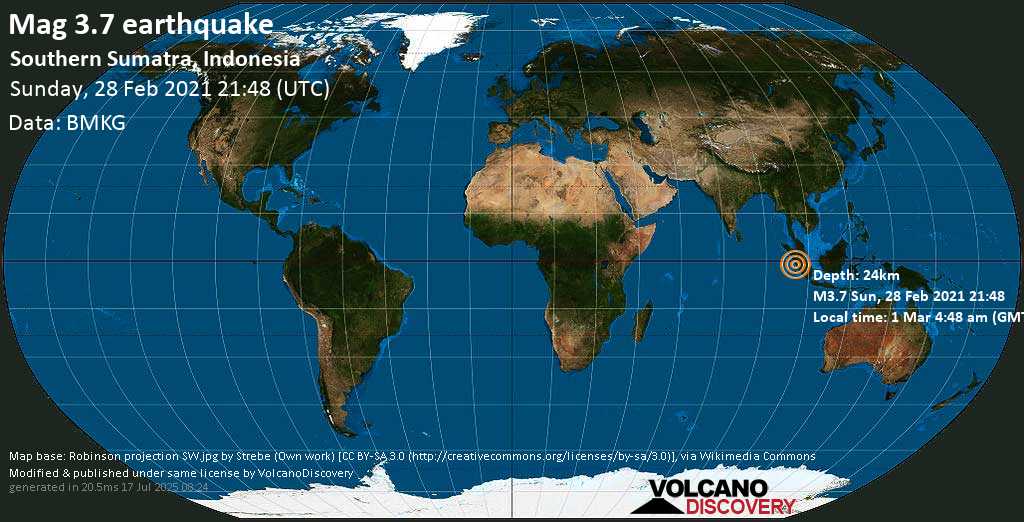 Light mag. 3.7 earthquake - Indian Ocean, 91 km west of Padang, Sumatera Barat, Indonesia, on Monday, 1 Mar 2021 4:48 am (GMT +7)
