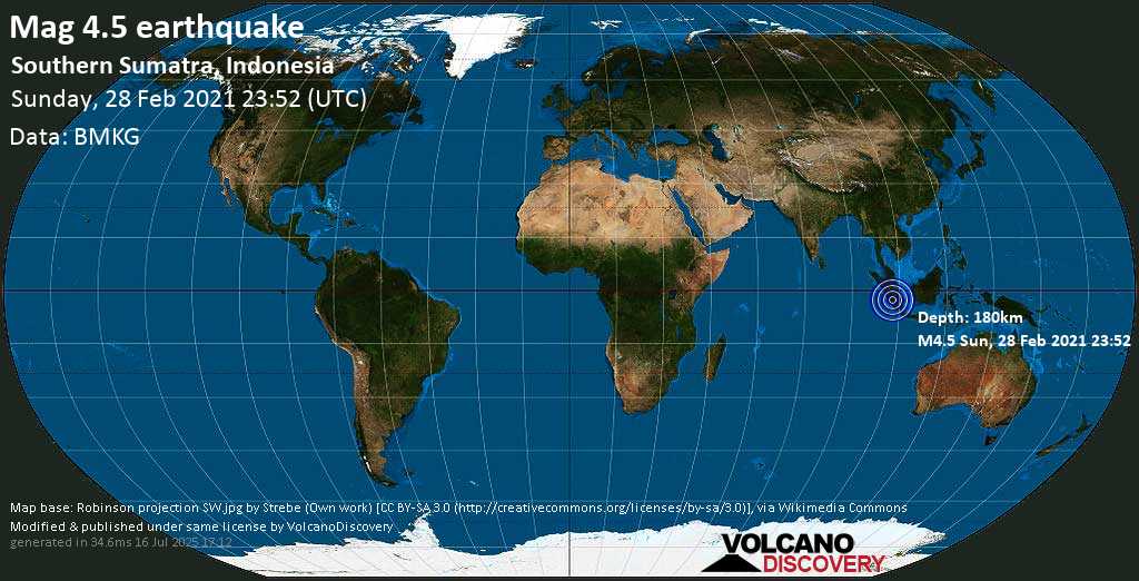 Sismo leggero mag. 4.5 - 116 km a sud-est da Sungai Penuh, Jambi, Indonesia, domenica, 28 febbraio 2021