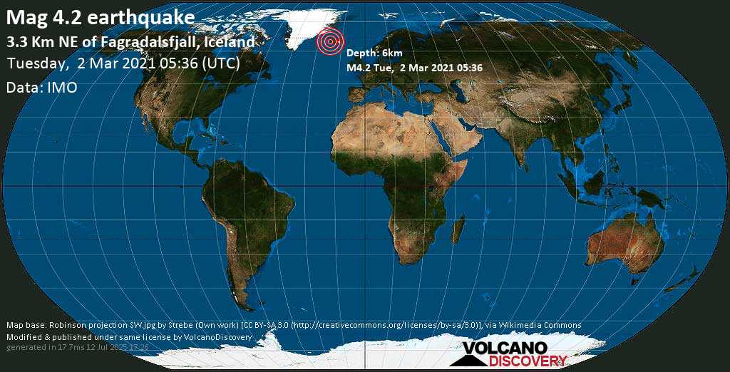 Moderate mag. 4.2 earthquake - 3.3 Km NE of Fagradalsfjall, Iceland, on Tuesday, 2 Mar 2021 5:36 am (GMT +0)