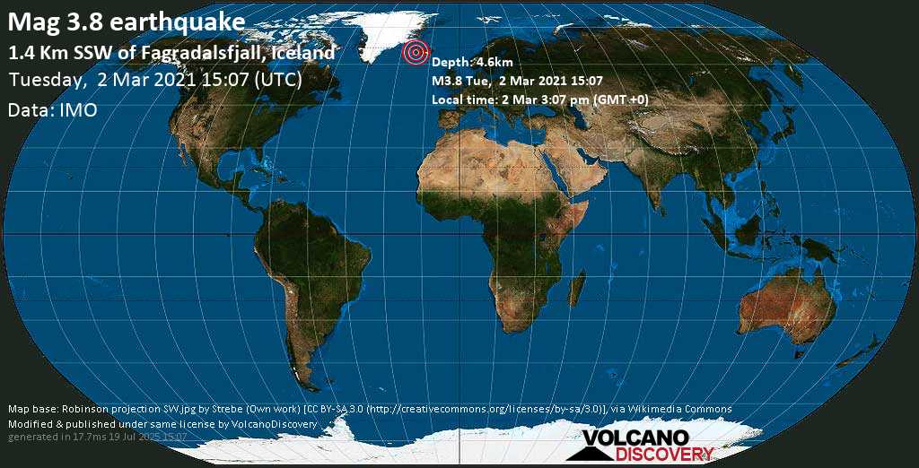 Terremoto moderado mag. 3.8 - 1.4 Km SSW of Fagradalsfjall, Iceland, Tuesday, 02 Mar. 2021