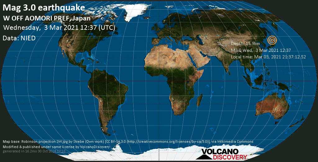 Seisme Tres Faible Mag 3 0 Mer Du Japon 65 Km A L Ouest De Hirosaki Prefecture Daomori Japon On Mercredi 3 Mars 21 21 37 Gmt 9 Volcanodiscovery