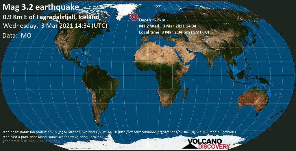 Leichtes Erdbeben der Stärke 3.2 - 0.9 Km E of Fagradalsfjall, Iceland, am Mittwoch, 3. Mär 2021 um 14:34 Lokalzeit