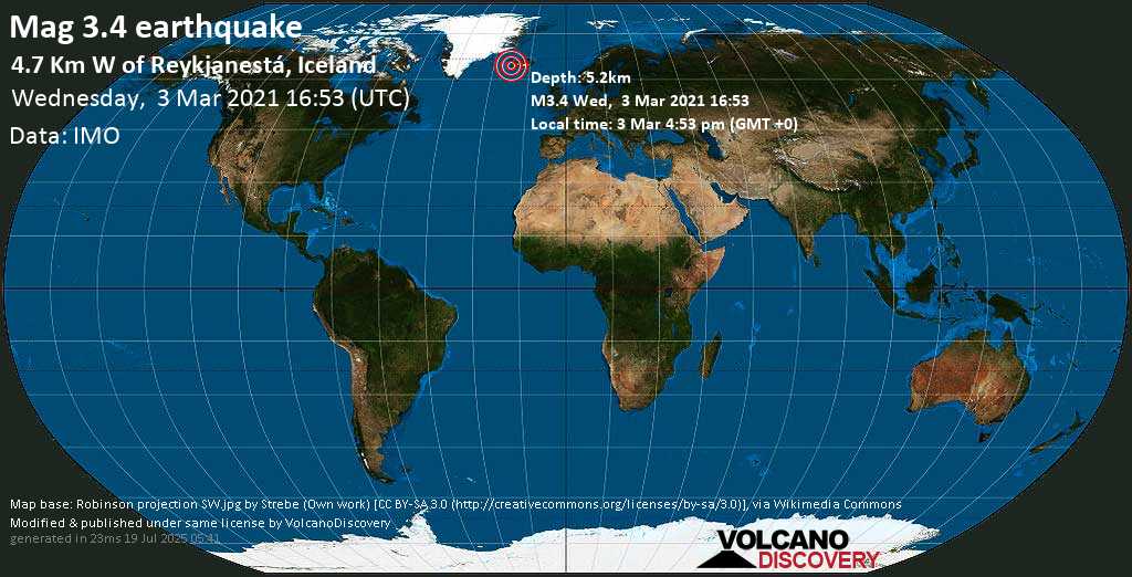 Terremoto leve mag. 3.4 - 4.7 Km W of Reykjanestá, Iceland, Wednesday, 03 Mar. 2021