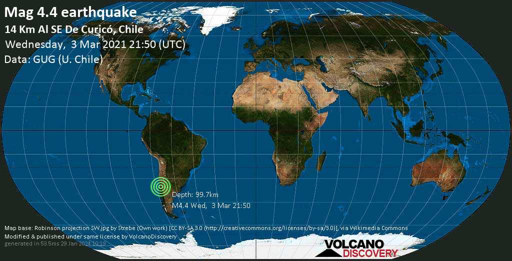 Quake Info Light Mag 4 4 Earthquake Curico 14 Km Southeast Of Curico Maule Region Chile On Wednesday 3 Mar 2021 6 50 Pm Gmt 3 Volcanodiscovery