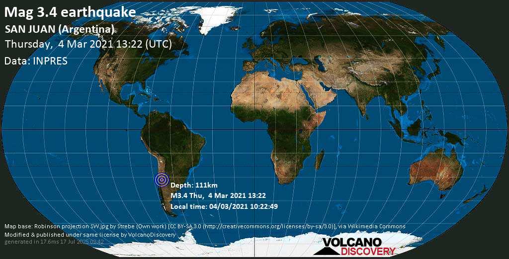 Minor mag. 3.4 earthquake - Departamento de Rivadavia, 12 km southwest of San Juan, Departamento de Capital, San Juan, Argentina, on Thursday, 4 Mar 2021 10:22 am (GMT -3)