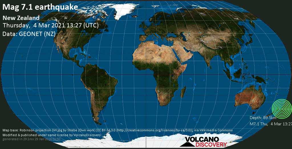 Major magnitude 7.1 earthquake - South Pacific Ocean, 192 km northeast of Gisborne, New Zealand, on Friday, Mar 5, 2021 at 1:27 am (GMT +12)