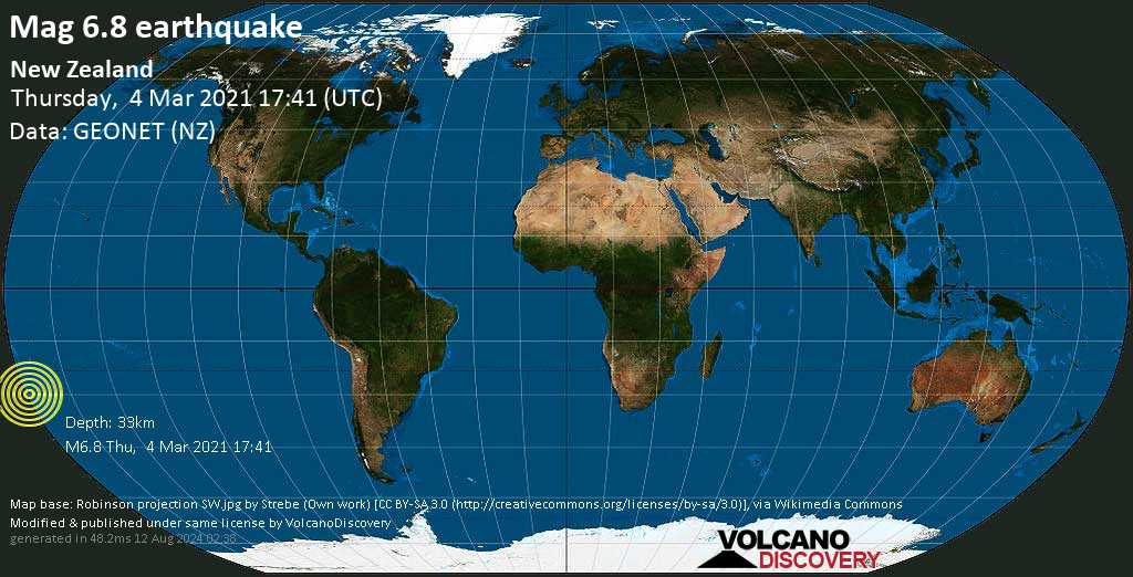 Very strong mag. 6.8 Earthquake - New Zealand on Friday, Mar 5, 2021, at 05:41 am (GMT +12)