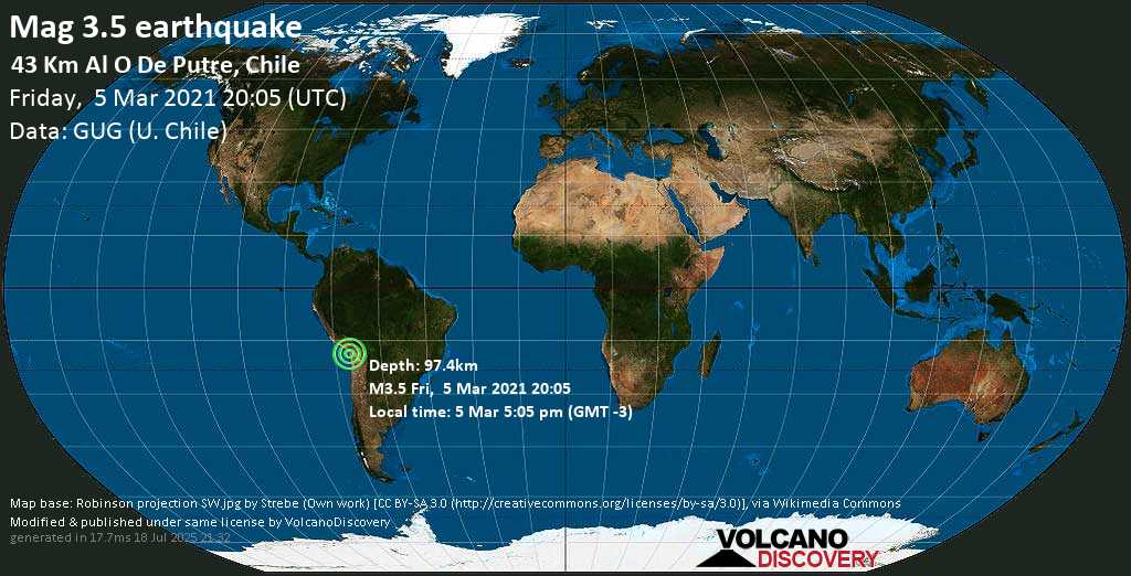 Minor mag. 3.5 earthquake - 41 km northeast of Arica, Arica y Parinacota, Chile, on Friday, 5 Mar 2021 5:05 pm (GMT -3)