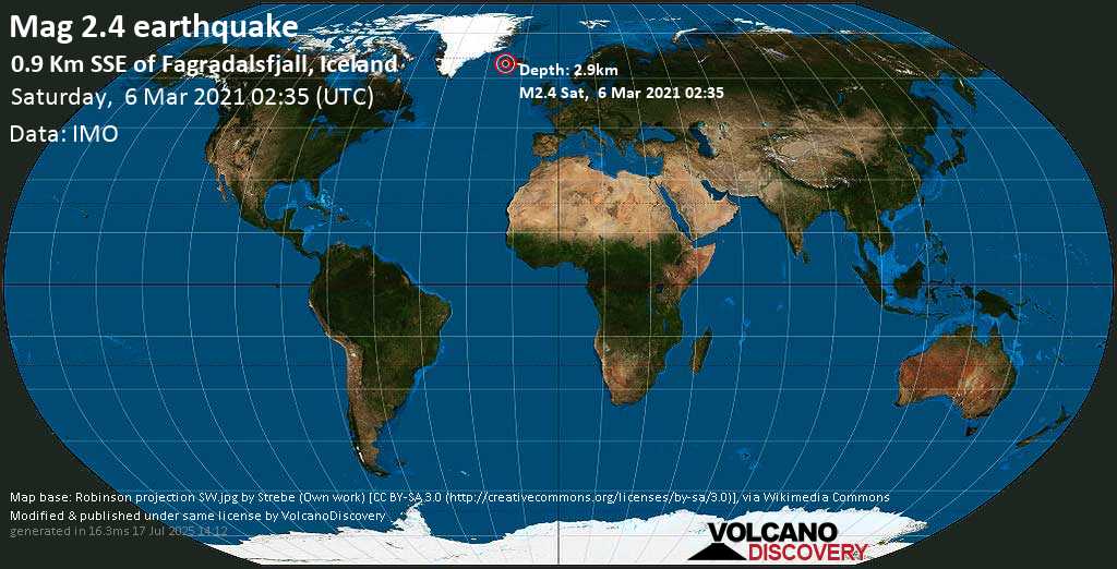 Weak mag. 2.4 earthquake - 0.9 Km SSE of Fagradalsfjall, Iceland, on Saturday, 6 Mar 2021 2:35 am (GMT +0)