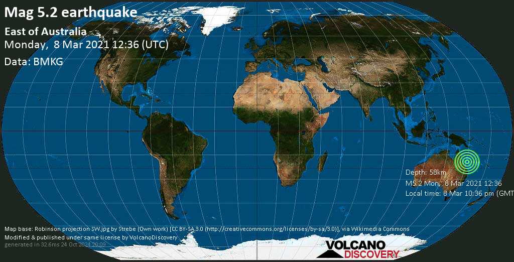 Moderate mag. 5.2 earthquake - Coral Sea, 249 km north of Mackay, Queensland, Australia, on Monday, 8 Mar 2021 10:36 pm (GMT +10)