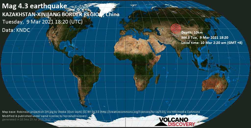 Moderate mag. 4.3 earthquake - 68 km southeast of Sarkand, Almaty Oblysy, Kazakhstan, on Wednesday, 10 Mar 2021 2:20 am (GMT +8)