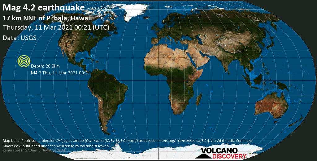 Earthquake information: Light Mag.  4.2 Earthquake – 34 miles southwest of Hilo, Hawaii County, USA, Wednesday, March 10, 2021 2:21 pm (GMT -10)